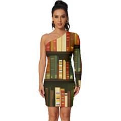 Books Bookshelves Library Fantasy Apothecary Book Nook Literature Study Long Sleeve One Shoulder Mini Dress by Grandong