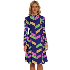 Background Pattern Geometric Pink Yellow Green Long Sleeve Shirt Collar A-line Dress by Maspions