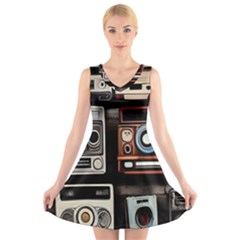 Retro Cameras Old Vintage Antique Technology Wallpaper Retrospective V-neck Sleeveless Dress by Grandong