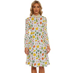 Background Pattern Flowers Leaves Autumn Fall Colorful Leaves Foliage Long Sleeve Shirt Collar A-line Dress by Maspions