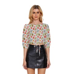 Background Pattern Flowers Design Leaves Autumn Daisy Fall Mid Sleeve Drawstring Hem Top