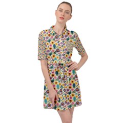 Floral Flowers Leaves Tropical Pattern Belted Shirt Dress by Maspions