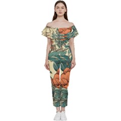 Flowers Pattern Texture Art Colorful Nature Painting Surface Vintage Bardot Ruffle Jumpsuit