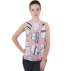 Cute Cats Cartoon Seamless-pattern Mock Neck Chiffon Sleeveless Top by Apen