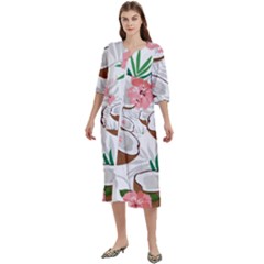 Seamless Pattern Coconut Piece Palm Leaves With Pink Hibiscus Women s Cotton 3/4 Sleeve Nightgown by Apen