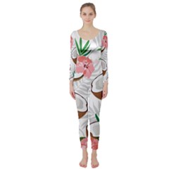 Seamless Pattern Coconut Piece Palm Leaves With Pink Hibiscus Long Sleeve Catsuit by Apen