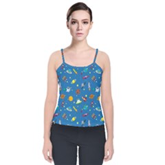 Space Rocket Solar System Pattern Velvet Spaghetti Strap Top by Apen