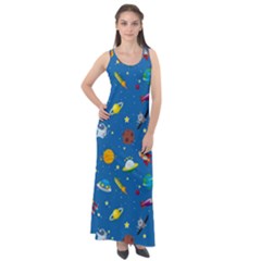 Space Rocket Solar System Pattern Sleeveless Velour Maxi Dress by Apen