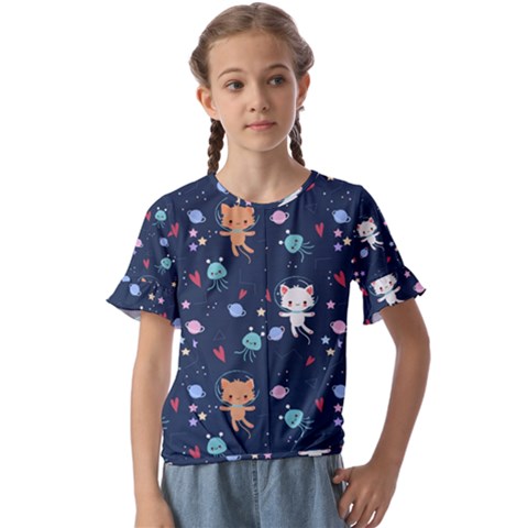 Cute Astronaut Cat With Star Galaxy Elements Seamless Pattern Kids  Cuff Sleeve Scrunch Bottom T-shirt by Apen