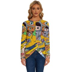 Astronaut Moon Monsters Spaceship Universe Space Cosmos Long Sleeve Crew Neck Pullover Top by Maspions