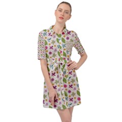 Pattern Flowers Leaves Green Purple Pink Belted Shirt Dress by Maspions