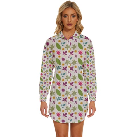 Pattern Flowers Leaves Green Purple Pink Womens Long Sleeve Shirt Dress by Maspions