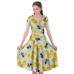 Bees Pattern Honey Bee Bug Honeycomb Honey Beehive Cap Sleeve Wrap Front Dress by Bedest