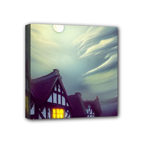 Village Moon Cloudy Historical Tudor Architecture Houses Town Night Windows City Mini Canvas 4  X 4  (stretched)