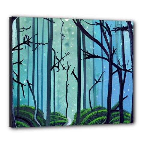 Nature Outdoors Night Trees Scene Forest Woods Light Moonlight Wilderness Stars Canvas 24  X 20  (stretched)