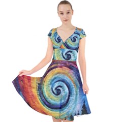 Cosmic Rainbow Quilt Artistic Swirl Spiral Forest Silhouette Fantasy Cap Sleeve Front Wrap Midi Dress by Maspions