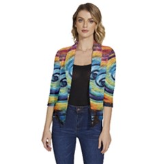 Cosmic Rainbow Quilt Artistic Swirl Spiral Forest Silhouette Fantasy Women s Draped Front 3/4 Sleeve Shawl Collar Jacket by Maspions