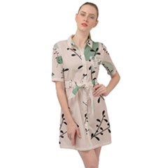 Plants Pattern Design Branches Branch Leaves Botanical Boho Bohemian Texture Drawing Circles Nature Belted Shirt Dress by Maspions