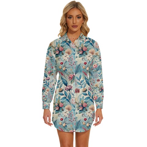 Floral Background Wallpaper Flowers Bouquet Leaves Herbarium Seamless Flora Bloom Womens Long Sleeve Shirt Dress by Maspions