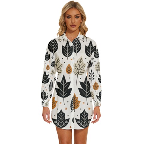 Autumn Leaves Fall Pattern Design Decor Nature Season Beauty Foliage Decoration Background Texture Womens Long Sleeve Shirt Dress by Maspions