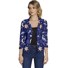 Night Moon Seamless Background Stars Sky Clouds Texture Pattern Women s Casual 3/4 Sleeve Spring Jacket