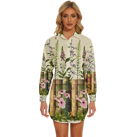 Books Flowers Book Flower Flora Floral Womens Long Sleeve Shirt Dress by Maspions