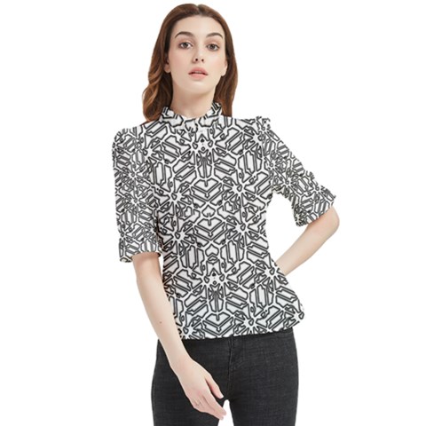 Monochrome Maze Design Print Frill Neck Blouse by dflcprintsclothing
