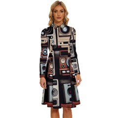 Retro Cameras Old Vintage Antique Technology Wallpaper Retrospective Long Sleeve Shirt Collar A-line Dress by Grandong