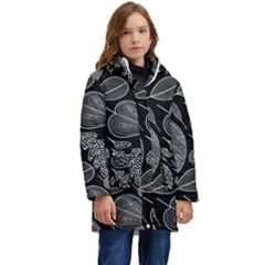 Leaves Flora Black White Nature Kids  Hooded Longline Puffer Jacket by Maspions