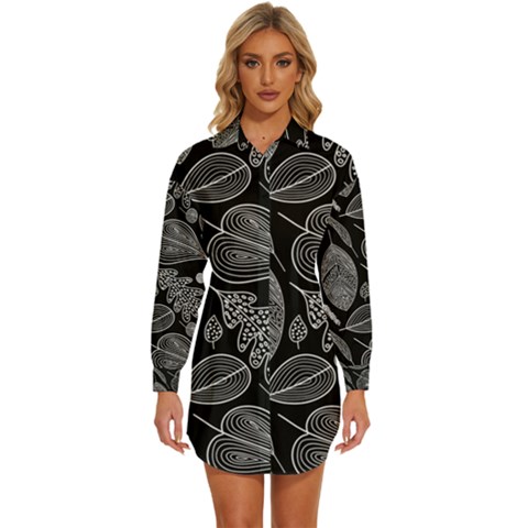 Leaves Flora Black White Nature Womens Long Sleeve Shirt Dress by Maspions