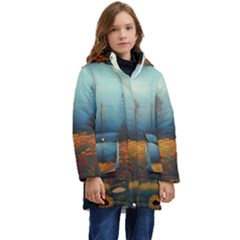 Wildflowers Field Outdoors Clouds Trees Cover Art Storm Mysterious Dream Landscape Kids  Hooded Longline Puffer Jacket by Posterlux