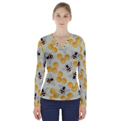 Bees Pattern Honey Bee Bug Honeycomb Honey Beehive V-neck Long Sleeve Top by Bedest