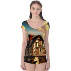 Village House Cottage Medieval Timber Tudor Split Timber Frame Architecture Town Twilight Chimney Boyleg Leotard  by Posterlux