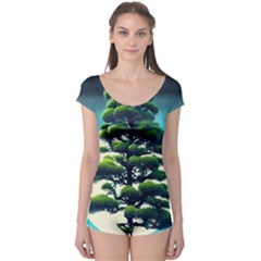 Pine Moon Tree Landscape Nature Scene Stars Setting Night Midnight Full Moon Boyleg Leotard  by Posterlux