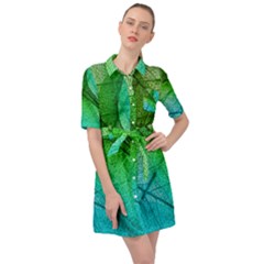 3d Leaves Texture Sheet Blue Green Belted Shirt Dress by Cemarart