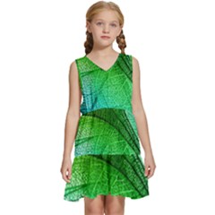 3d Leaves Texture Sheet Blue Green Kids  Sleeveless Tiered Mini Dress by Cemarart