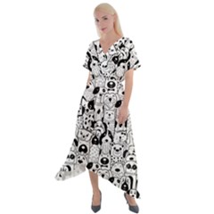 Seamless Pattern With Black White Doodle Dogs Cross Front Sharkbite Hem Maxi Dress by Grandong