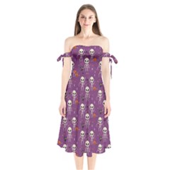 Skull Halloween Pattern Shoulder Tie Bardot Midi Dress by Maspions