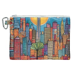 City New York Nyc Skyscraper Skyline Downtown Night Business Urban Travel Landmark Building Architec Canvas Cosmetic Bag (xl) by Posterlux