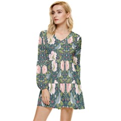 Spring Design With Watercolor Flowers Tiered Long Sleeve Mini Dress by AlexandrouPrints