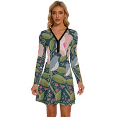 Spring Design With Watercolor Flowers Long Sleeve Deep V Mini Dress  by AlexandrouPrints