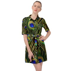 Peacock Pattern Belted Shirt Dress by Maspions