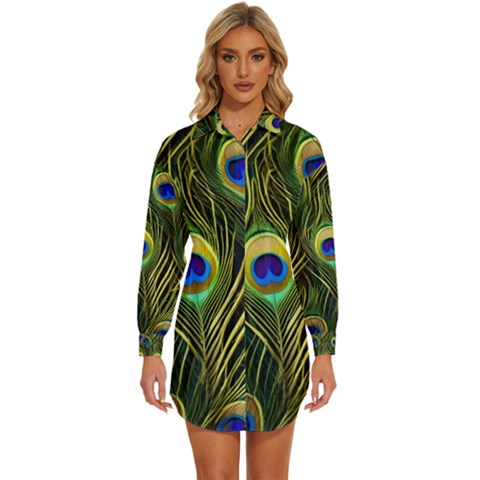 Peacock Pattern Womens Long Sleeve Shirt Dress by Maspions