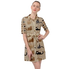 Cat Pattern Texture Animal Belted Shirt Dress by Maspions