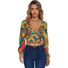 Paper Cut Abstract Pattern Long Sleeve Deep-v Velour Top