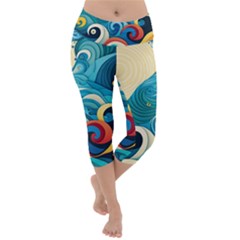 Waves Wave Ocean Sea Abstract Whimsical Lightweight Velour Capri Yoga Leggings by Maspions