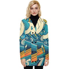 Waves Ocean Sea Abstract Whimsical Art Button Up Hooded Coat  by Maspions