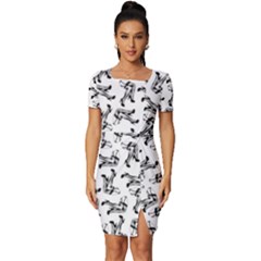 Erotic Pants Motif Black And White Graphic Pattern Black Backgrond Fitted Knot Split End Bodycon Dress by dflcprintsclothing