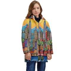 City New York Nyc Skyscraper Skyline Downtown Night Business Urban Travel Landmark Building Architec Kids  Hooded Longline Puffer Jacket by Posterlux