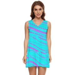 Wave Stripe Pattern Design Aqua Tiered Sleeveless Mini Dress by Ndabl3x